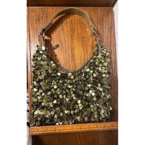Vtg Y2K Olive Green Sequin Hobo Bag Metallic Paillette Slouchy Shoulder Purse